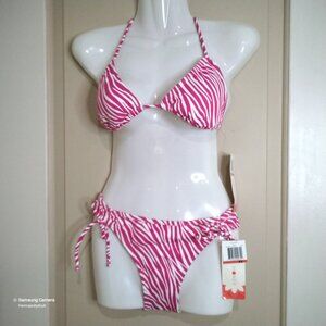 Honey Hula Fuchsia & White Tiger Stripe Padded Halter String Bikini NWT X-Small